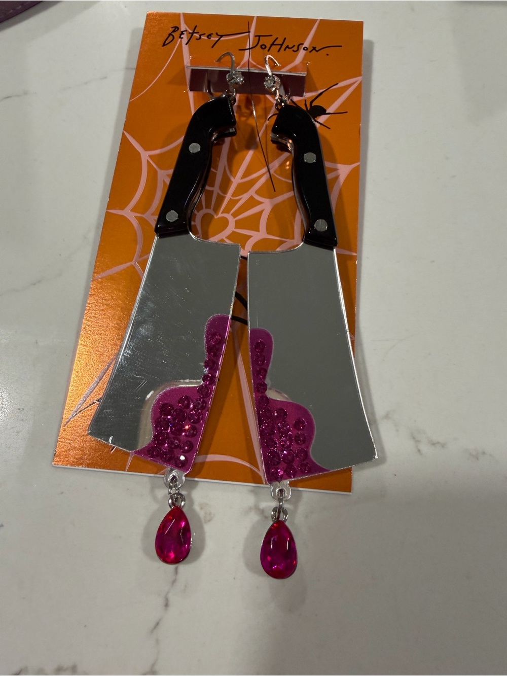 Betsey Johnson  HALLOWEEN KNIFEHot Pink Crystal Teardrop Dangle Earrings